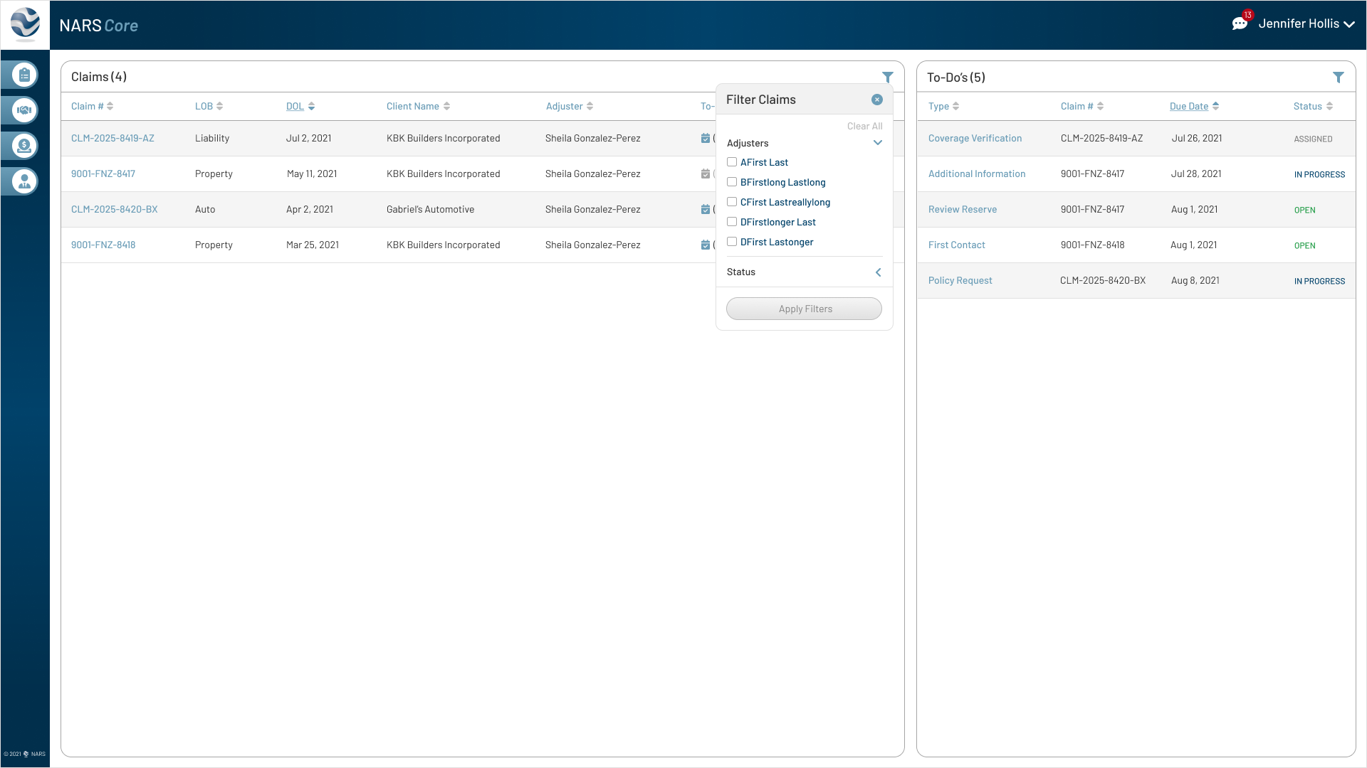 High-fidelity mock of the Landing Page showing claims list with filtering